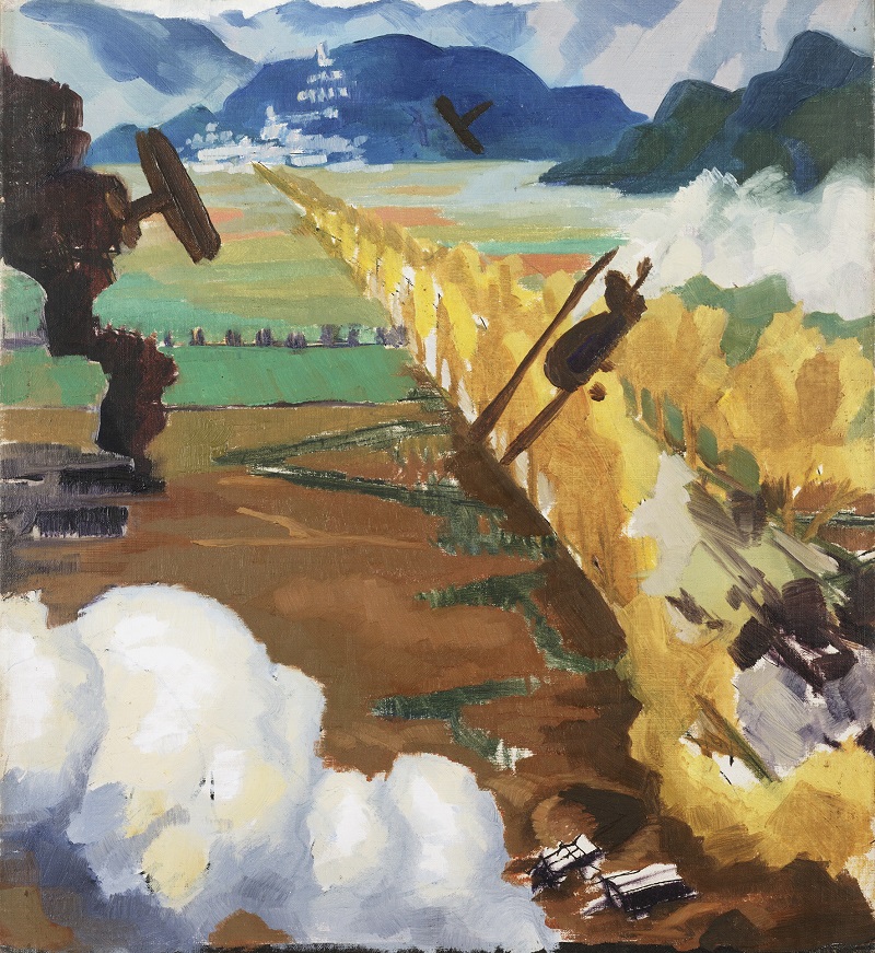 Sydney Carline, Sopwith Camel Patrol Attacking an Austrian Aerodrome near Sacile, 1918, courtesy: Imperial War Museum