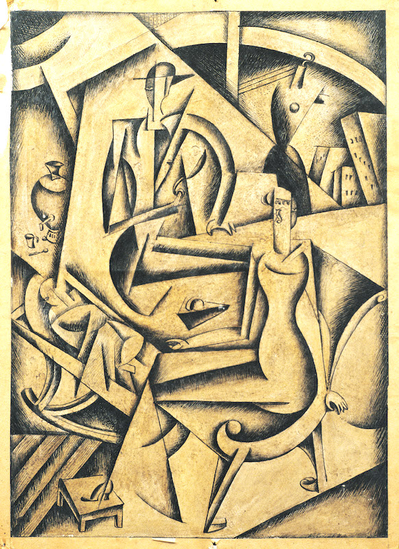 Marko Epshtein, The Tailor’s Family, c. 1920 Indian ink and watercolour on paper pasted on cardboard, 46.5 x 32.5 cm National Art Museum of Ukraine