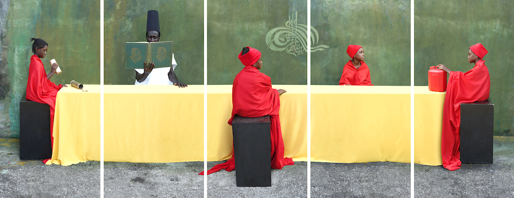 Maïmouna Guerresi, M-eating – students and teacher, 2012 5 photographs, colour, lambda print, on paper mounted on aluminium; 1500 × 3880 mm Courtesy of the artist and Mariane Ibrahim