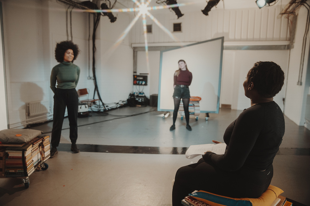 Isabel Adomakoh Young, Deborah Bahi, and Lucy Mangan in Living Newspaper: Edition 3 at the Royal Court